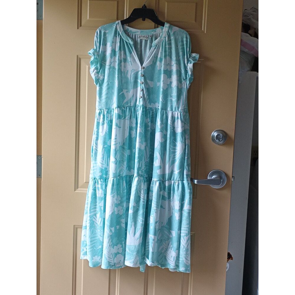 Wonderly Mint Green Tropical Tiered Midi Dress Pockets Henley Large